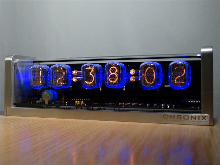 CHRONIX Vintage Nixie Tube Clock with 6xIN-12 displays & alarm & blue backlight & black glossy wooden case 